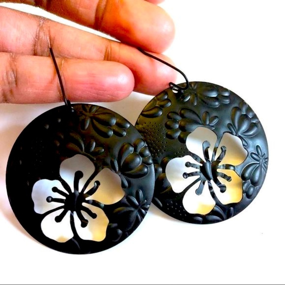 Boho Fashion Earrings Black Matte Floral Cut Out Hook Earrings
